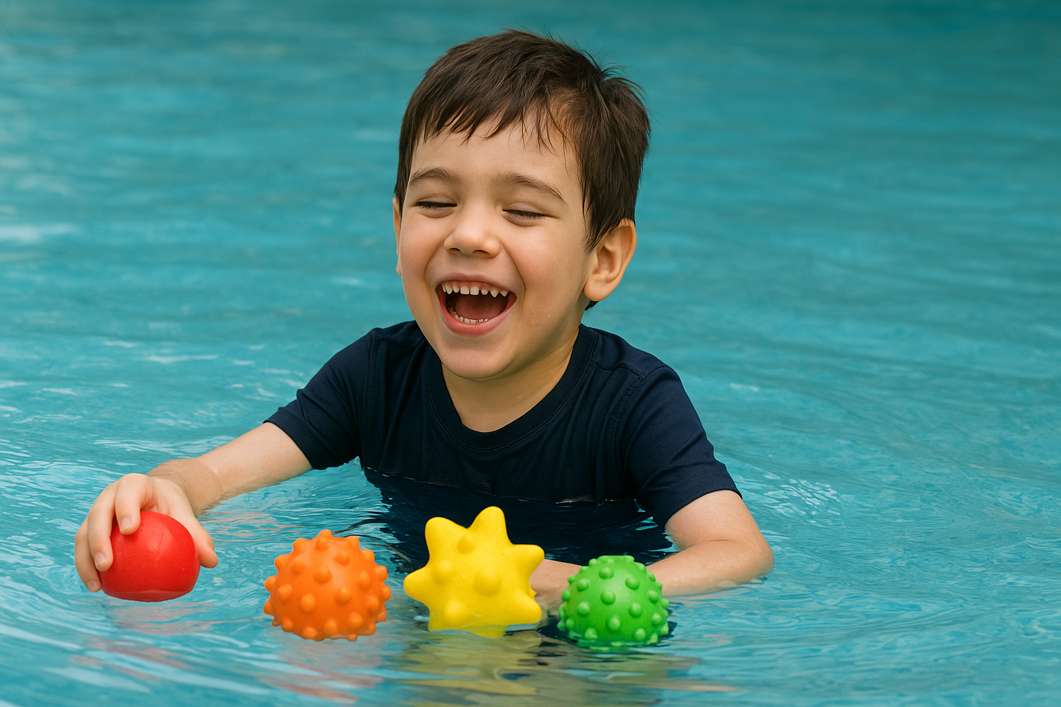 Criança autista brincando com brinquedos sensoriais coloridos dentro da piscina.
