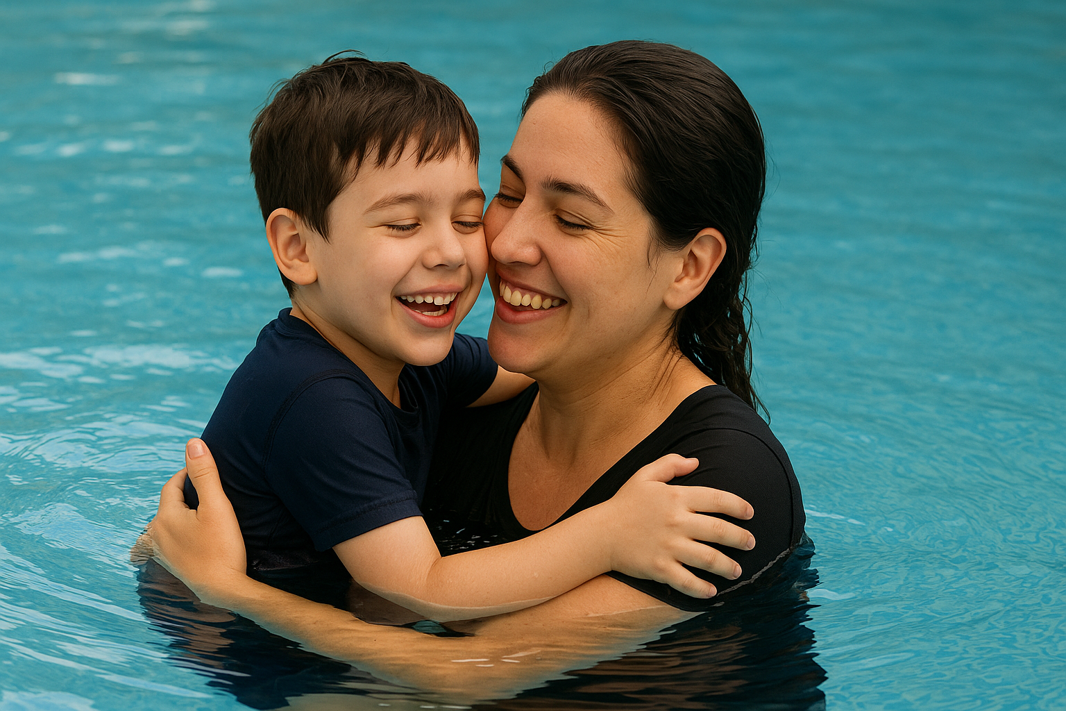 Mãe acolhendo seu filho dentro da piscina em um momento de conexão.