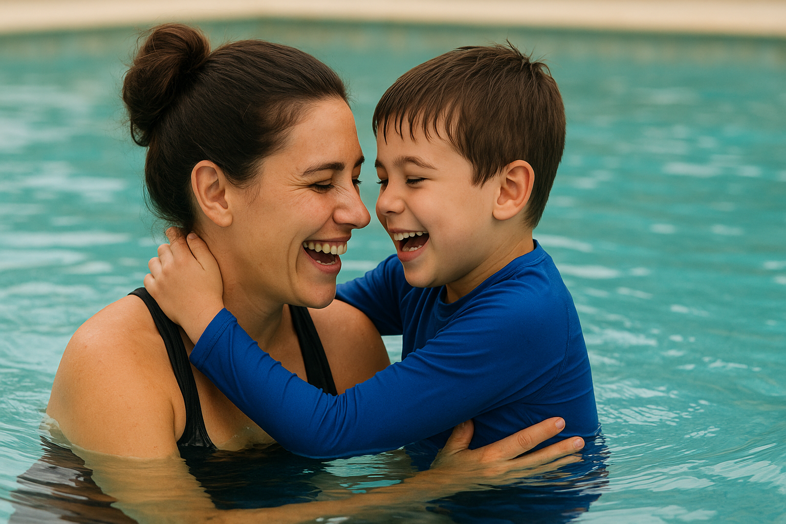 Mãe e filho autista sorrindo juntos na piscina, mostrando adaptação e acolhimento