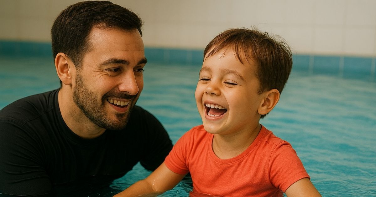 Mãe e filho sorrindo enquanto exploram a água de forma tranquila e segura