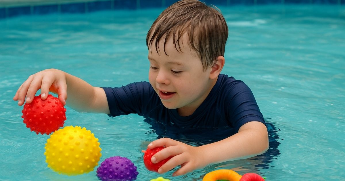 Criança explorando brinquedos sensoriais coloridos dentro da piscina