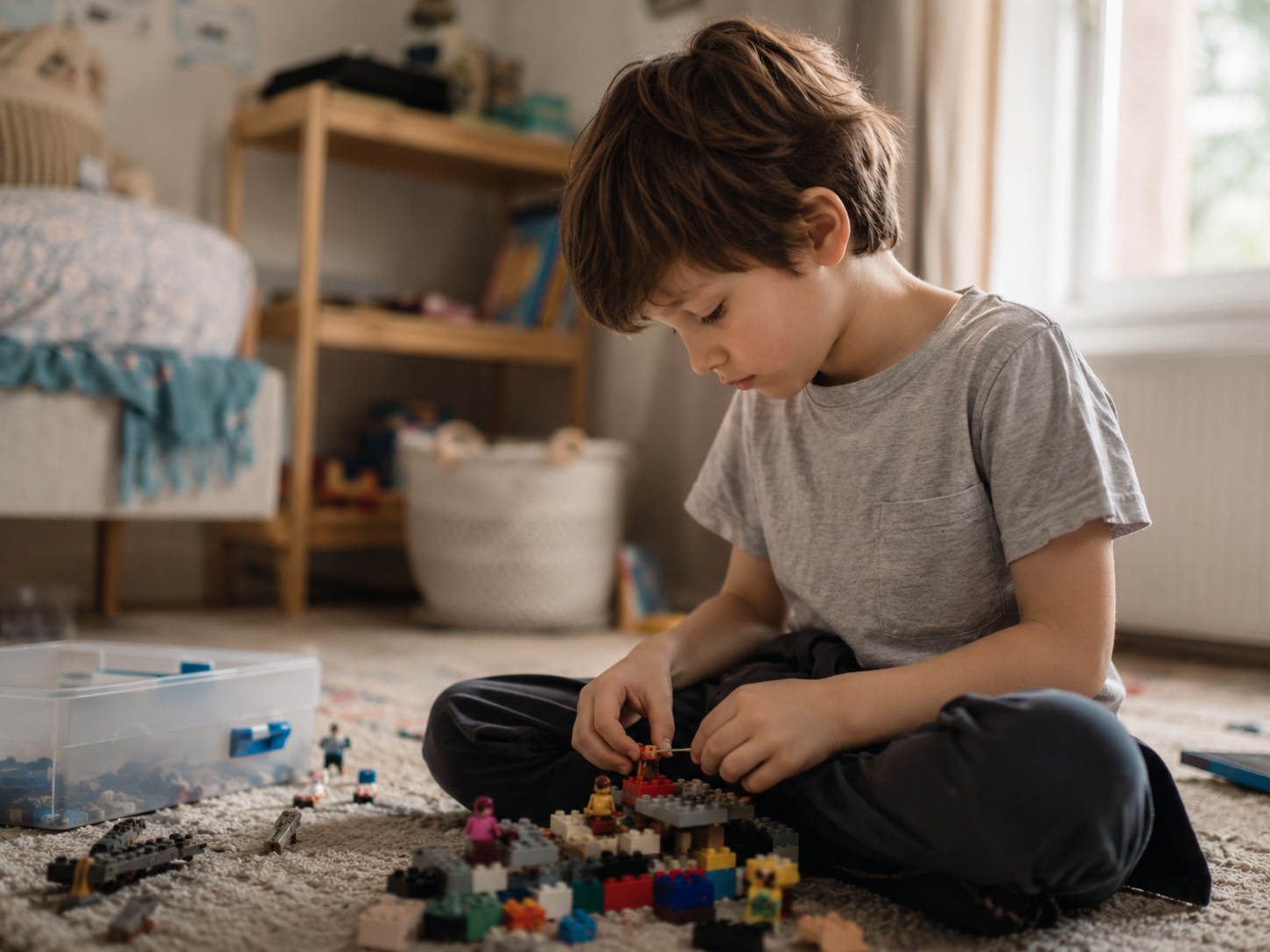 Criança concentrada brincando em casa, mostrando foco e individualidade além do relatório escolar